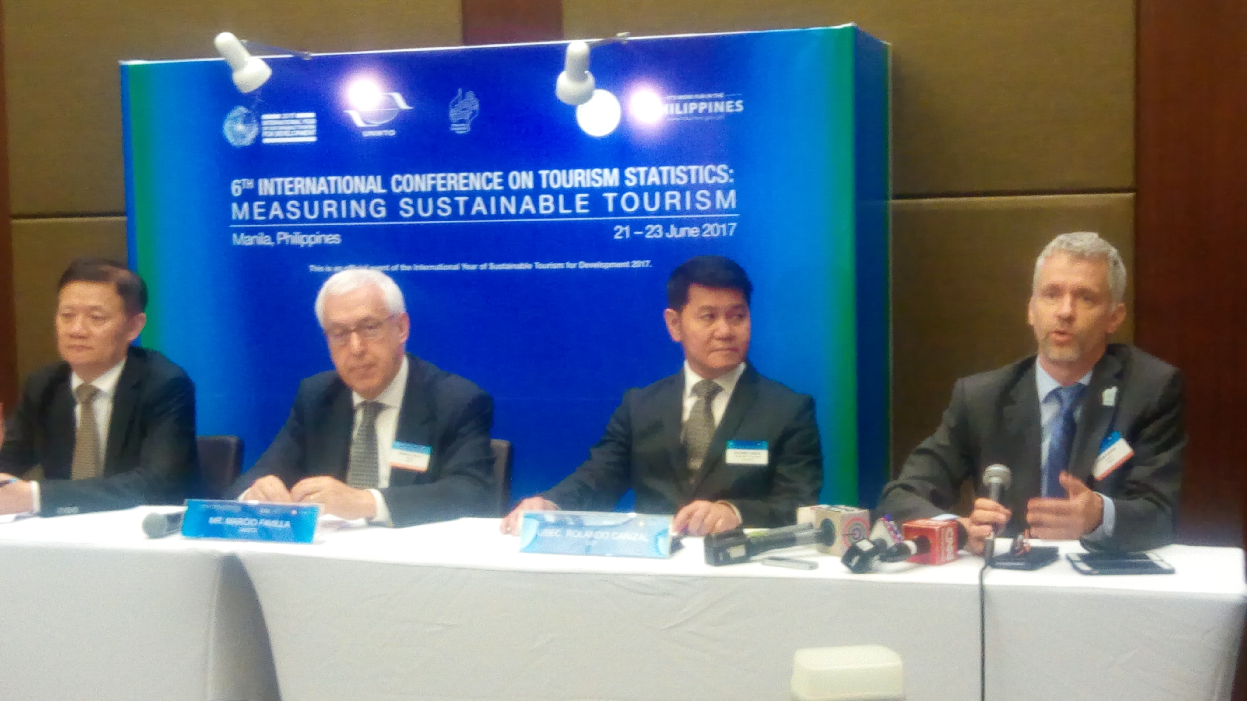 (L to R) Xu Jing, UNWTO Regional Director for the Asia-Pacific region; Marcio Favilla, Executive Director for Operational Programmes and Institutional Relations of the United Nations World Tourism Organization; Rolando Cañizal, Undersecretary for Administration and Special Concerns of the Philippine Department of Tourism; John Kesster, UNWTO Statitstician.