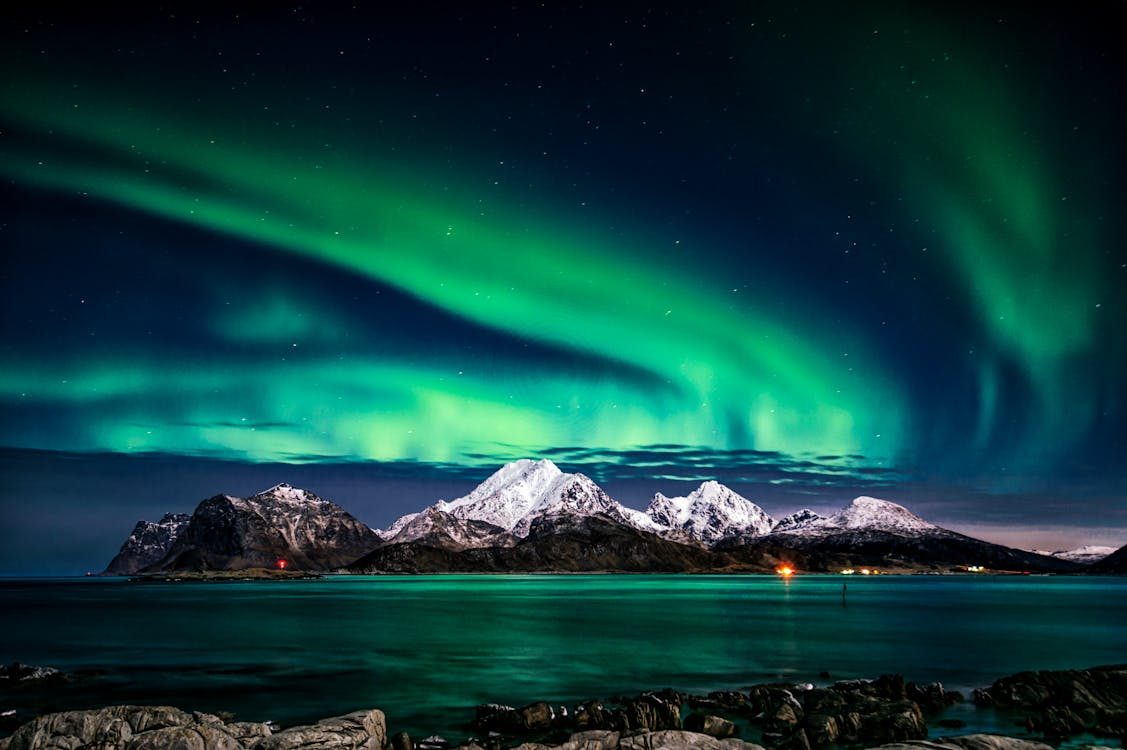 Iceland dramatic landscape with aurora light